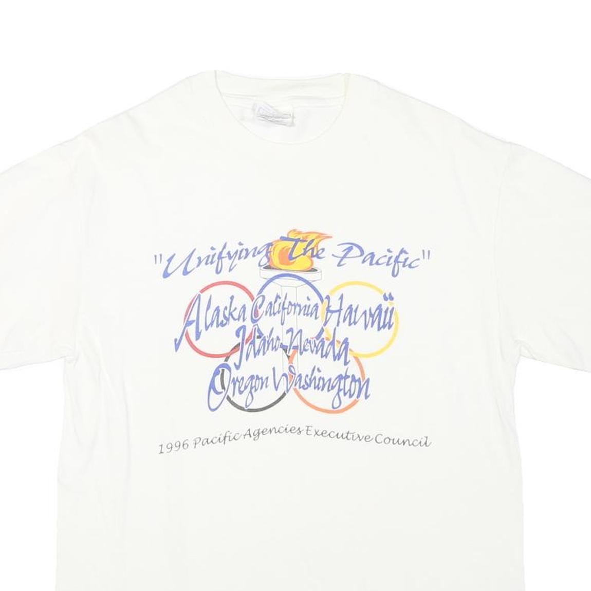 HANES Mens White Graphic T-Shirt M Short Sleeve Crew Neck Pacific Council 1996