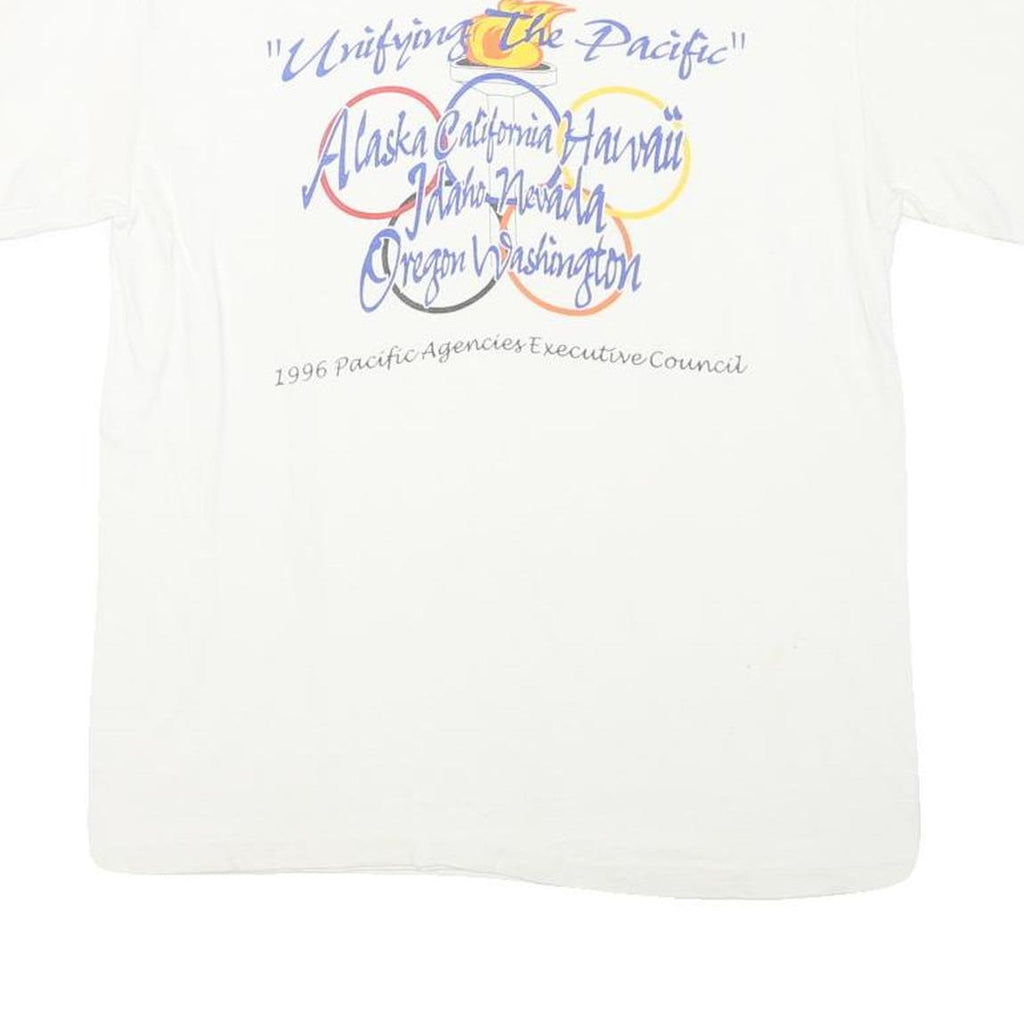 HANES Mens White Graphic T-Shirt M Short Sleeve Crew Neck Pacific Council 1996