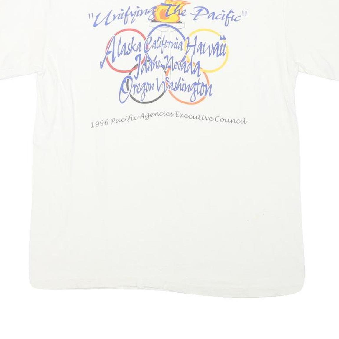 HANES Mens White Graphic T-Shirt M Short Sleeve Crew Neck Pacific Council 1996