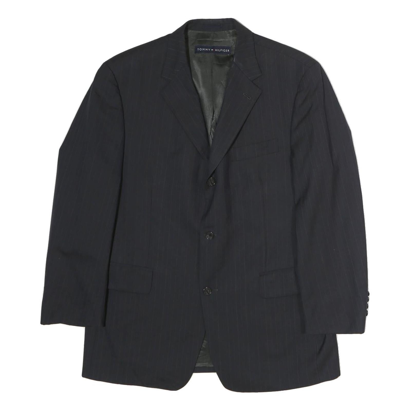 TOMMY HILFIGER Mens Black Pinstripe Blazer Jacket L Cotton Classic Tailored