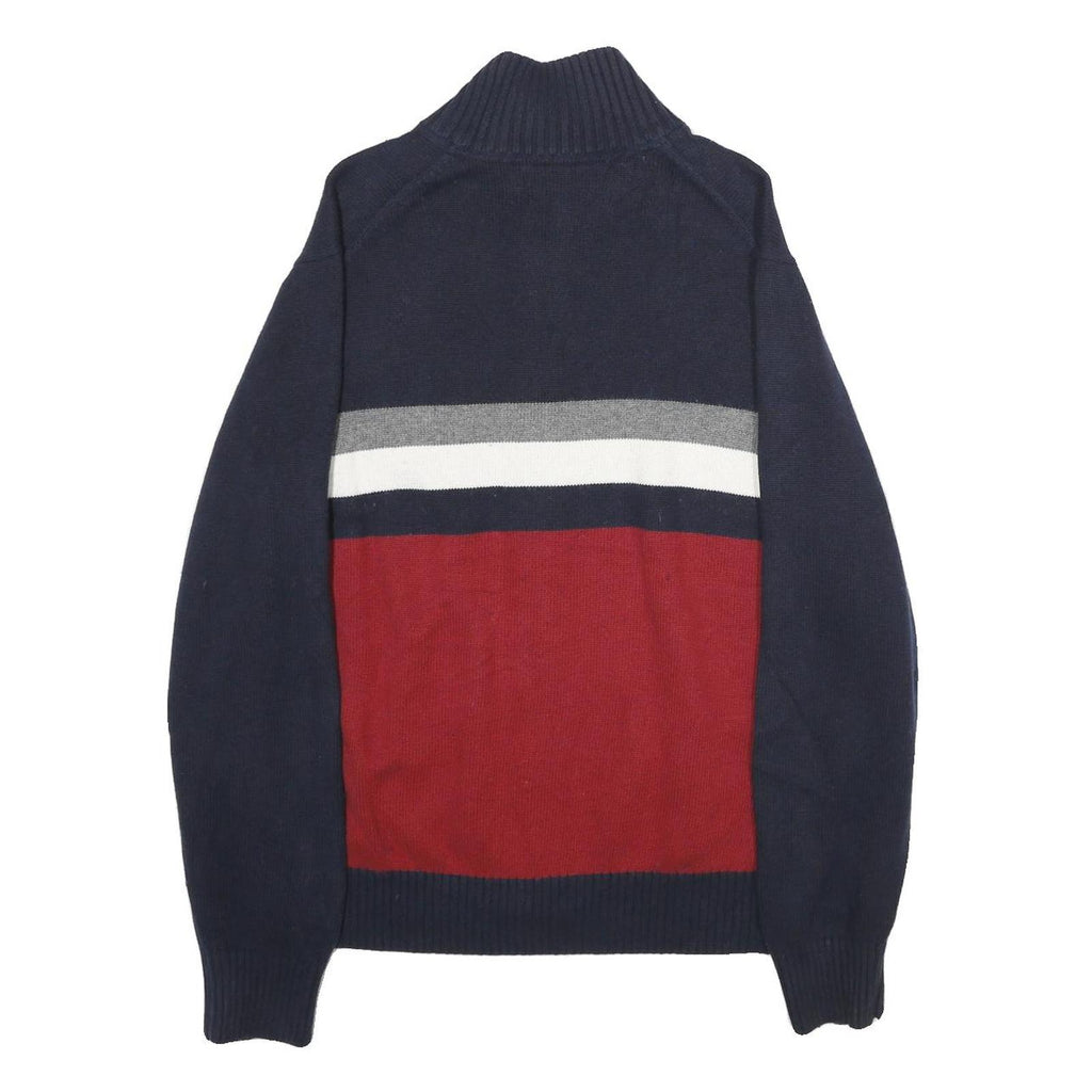 TOMMY HILFIGER Mens Navy Blue Red Grey Wool Blend Patterned Jumper Zip Neck L