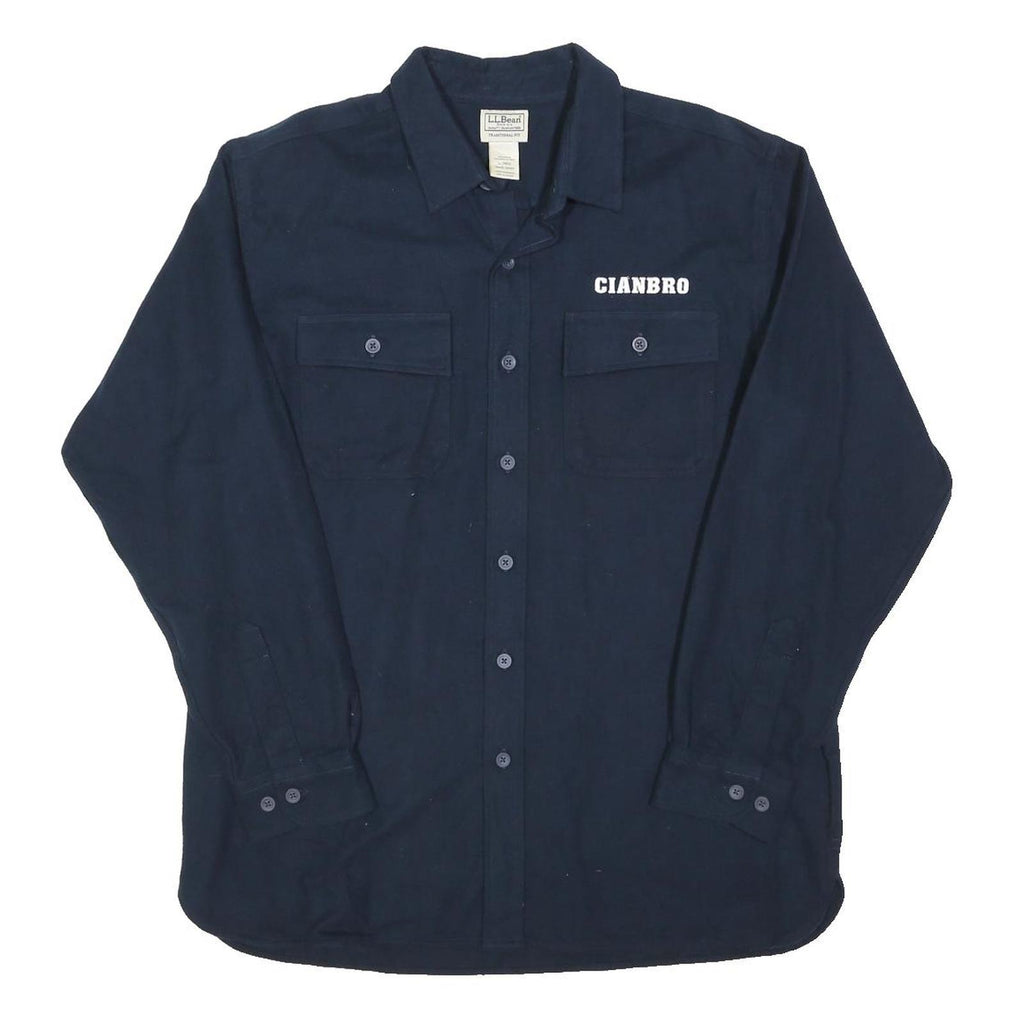 LL BEAN Mens Blue & Navy Cianbro Work Shirt L Cotton Blend Button Collar