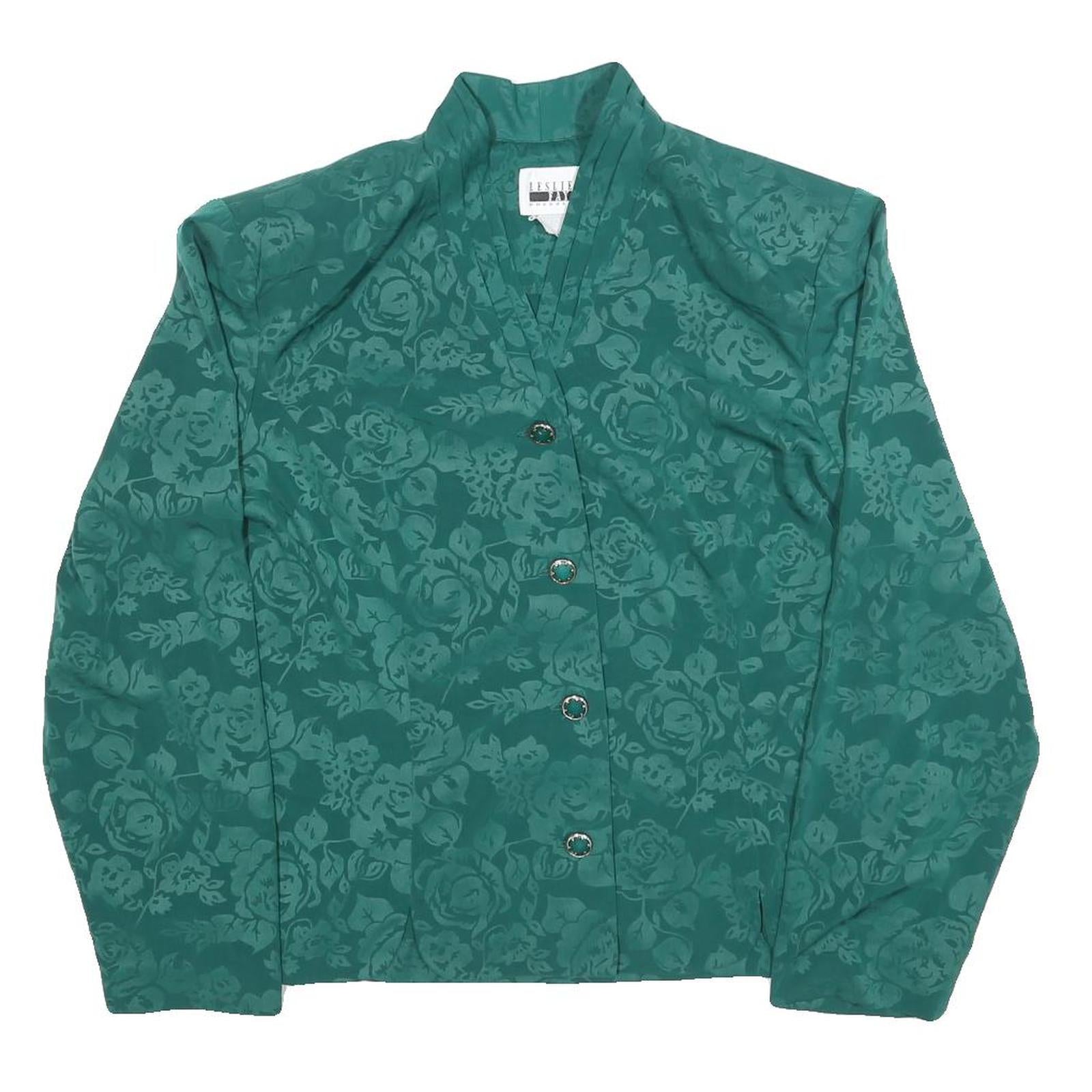 LESLIE FAY Womens Green Printed Top Long Sleeve V-Neck L Elegant Buttoned