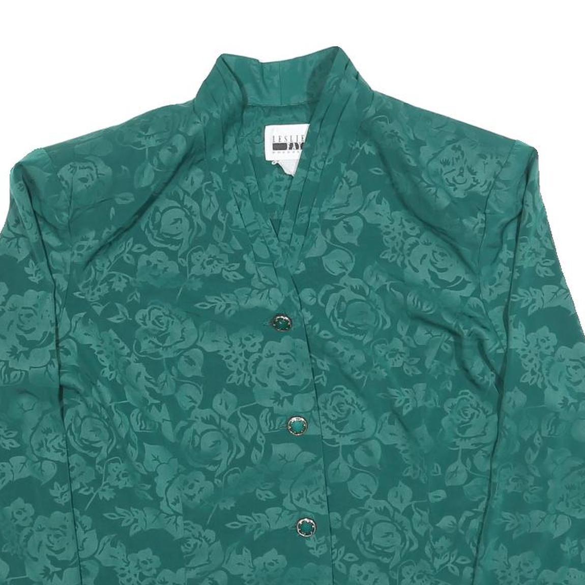 LESLIE FAY Womens Green Printed Top Long Sleeve V-Neck L Elegant Buttoned