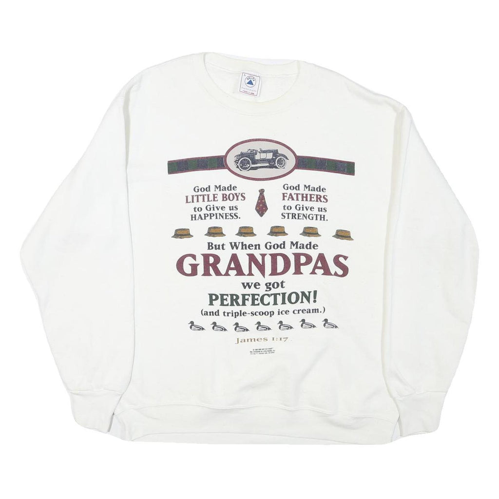 DELTA Mens White Grandpa Print Crew Neck L Cotton Blend Comfortable Sweatshirt