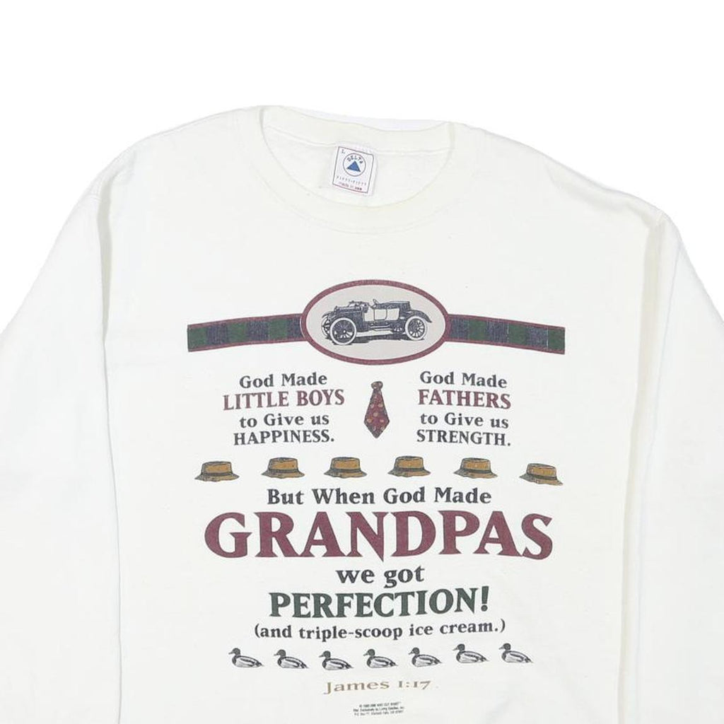 DELTA Mens White Grandpa Print Crew Neck L Cotton Blend Comfortable Sweatshirt