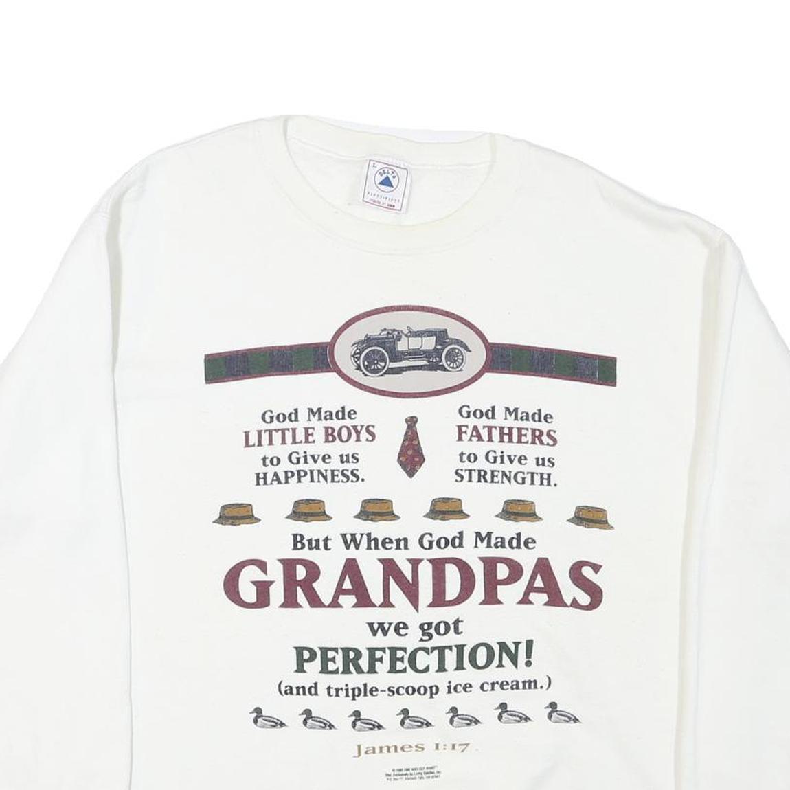 DELTA Mens White Grandpa Print Crew Neck L Cotton Blend Comfortable Sweatshirt