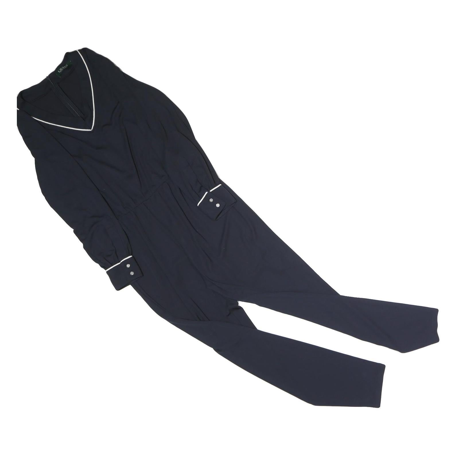 LAUREN RALPH LAUREN Womens Navy Blue Playsuit V-Neck Long Sleeve Zip M