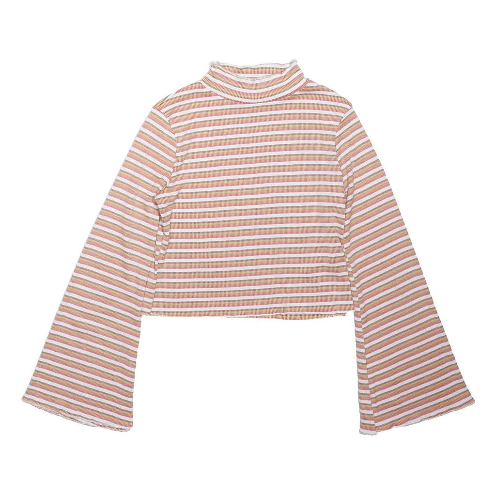 NOBODY'S CHILD Womens Pink Beige Striped Ribbed Top Long Sleeve High Neck UK 12