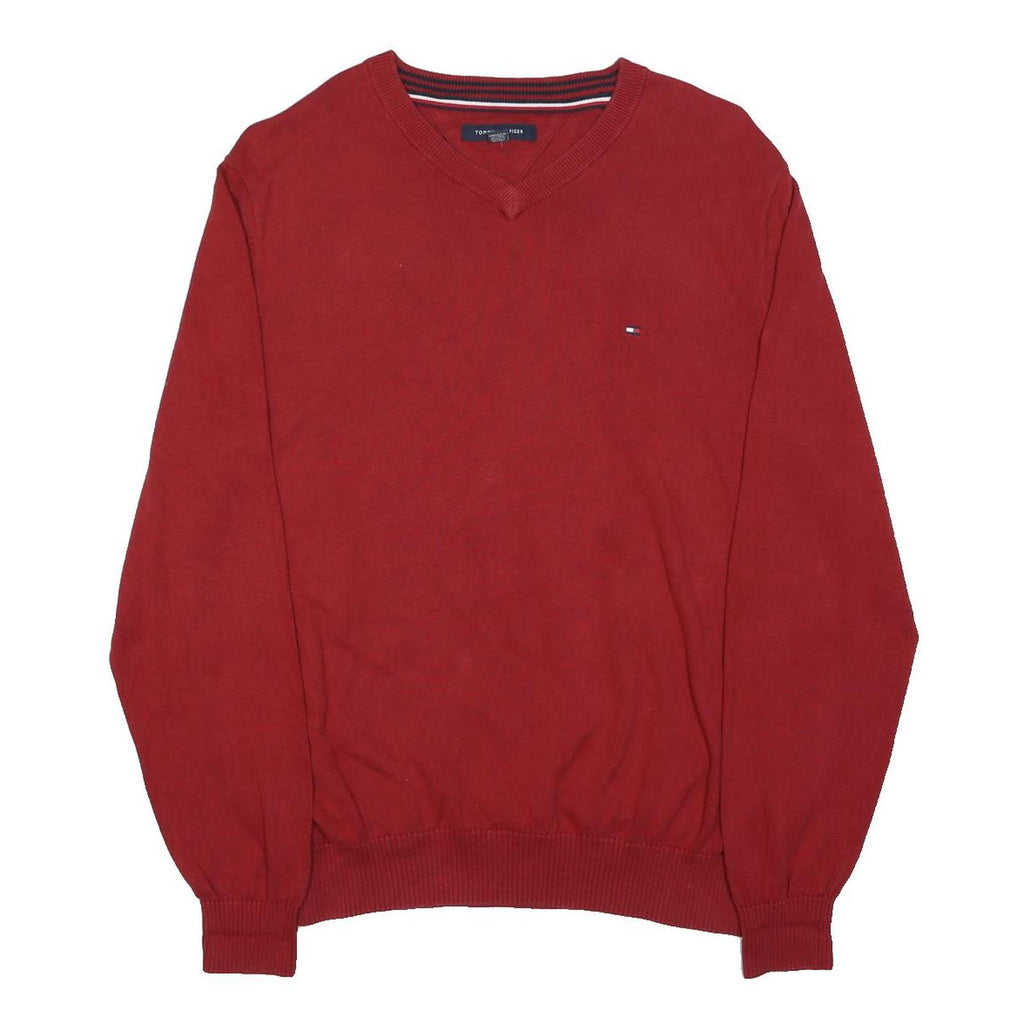 TOMMY HILFIGER Mens Red Plain Jumper V-Neck Basic Knit L Cotton Casual Comfort