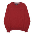 TOMMY HILFIGER Mens Red Plain Jumper V-Neck Basic Knit L Cotton Casual Comfort