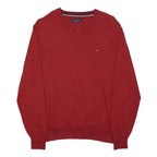 TOMMY HILFIGER Mens Red Plain Jumper V-Neck Basic Knit L Cotton Casual Comfort