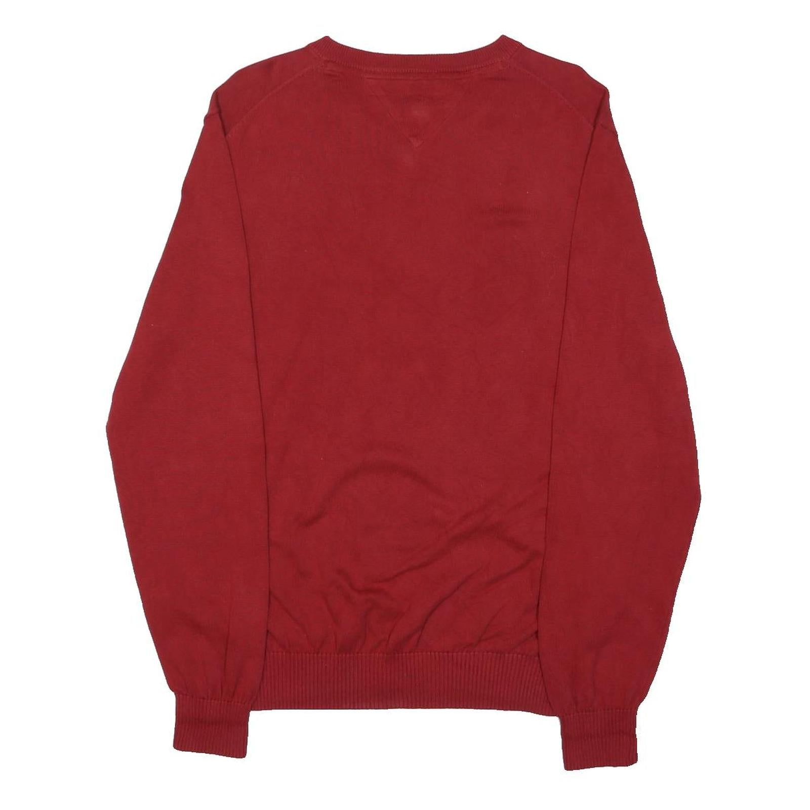 TOMMY HILFIGER Mens Red Plain Jumper V-Neck Basic Knit L Cotton Casual Comfort