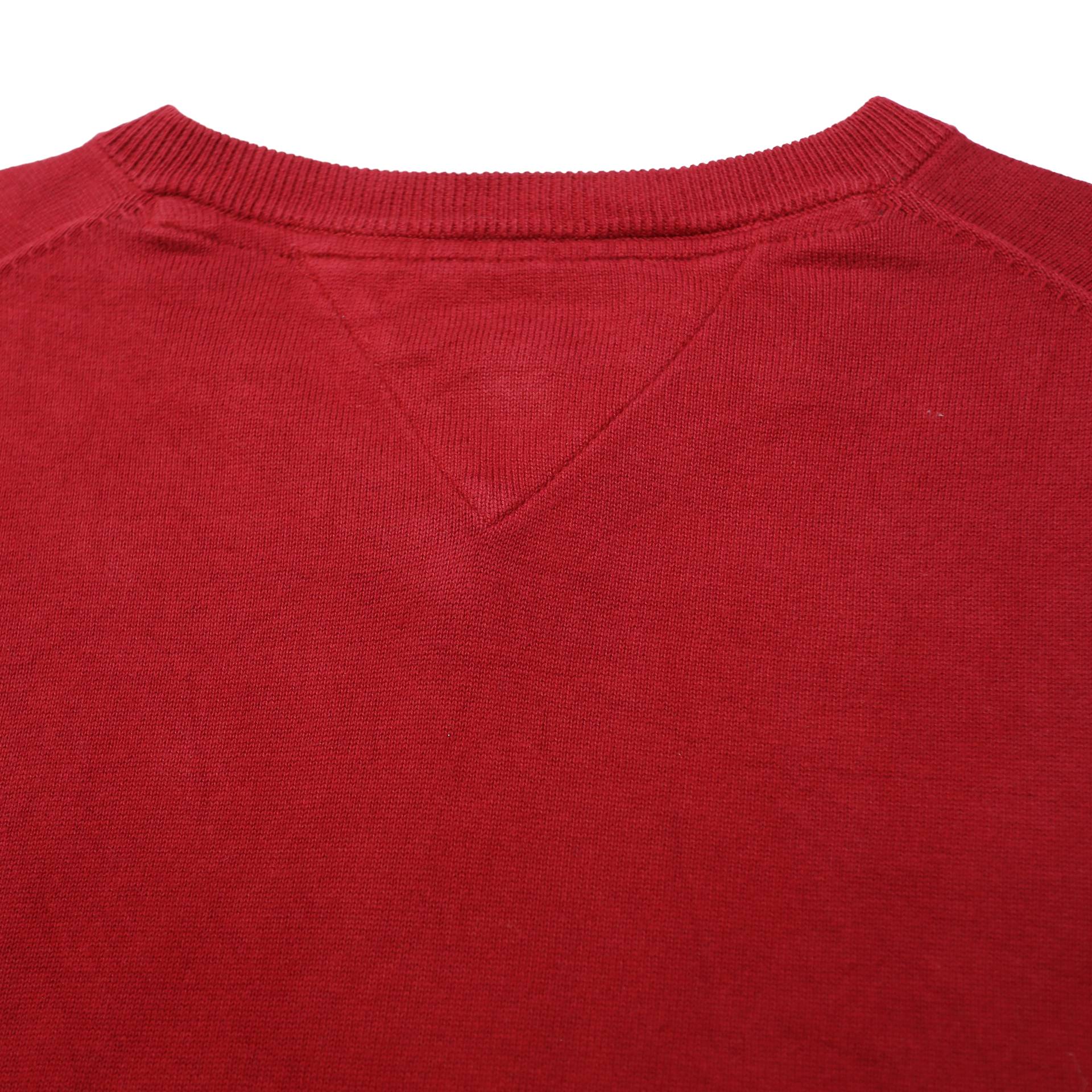 TOMMY HILFIGER Mens Red Plain Jumper V-Neck Basic Knit L Cotton Casual Comfort