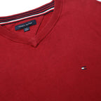 TOMMY HILFIGER Mens Red Plain Jumper V-Neck Basic Knit L Cotton Casual Comfort