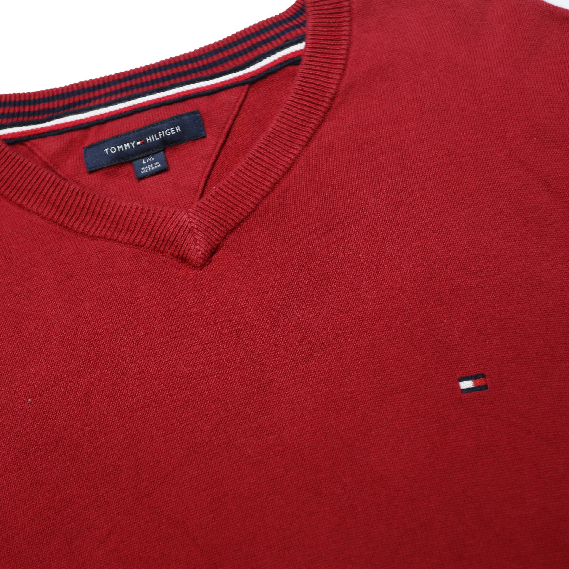 TOMMY HILFIGER Mens Red Plain Jumper V-Neck Basic Knit L Cotton Casual Comfort