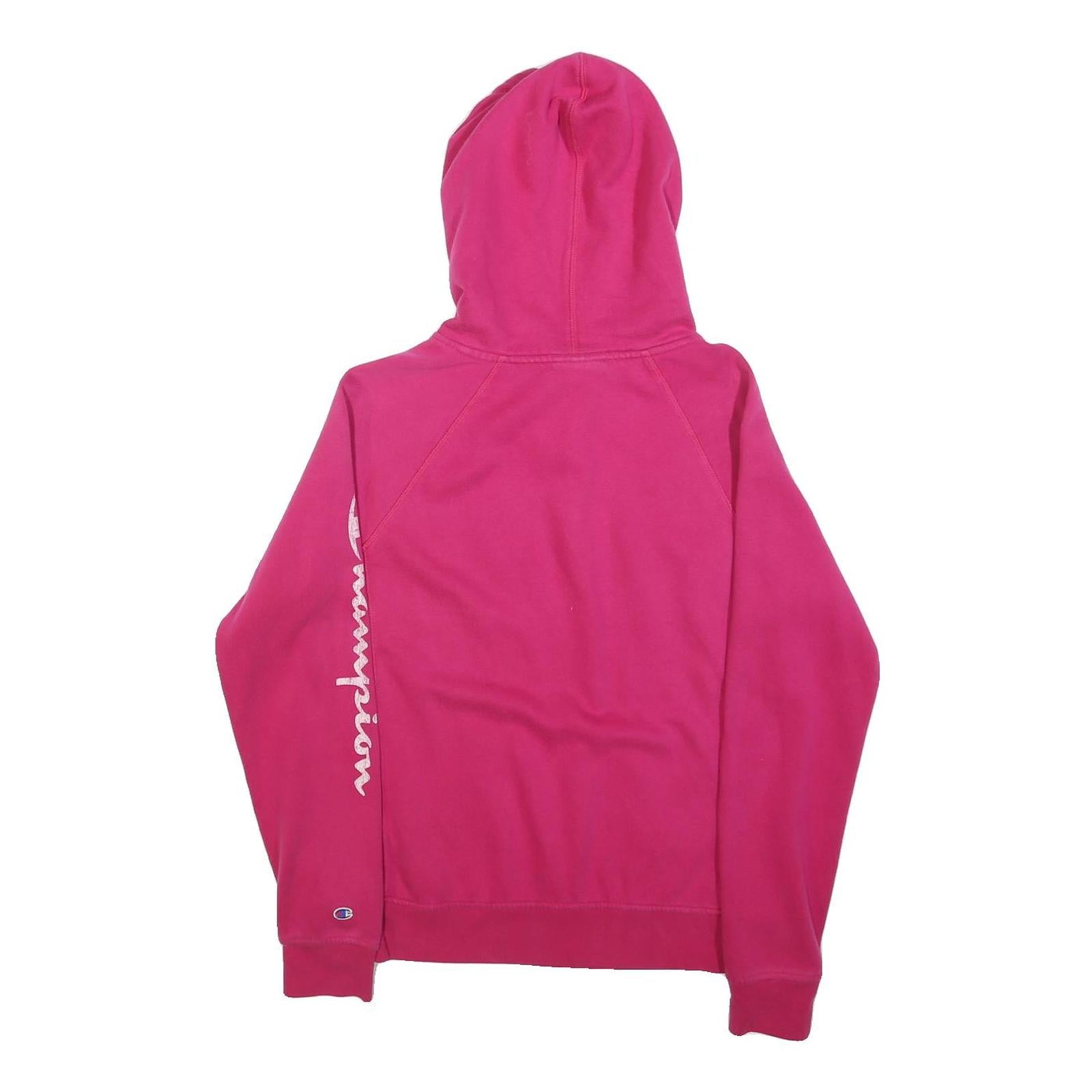 CHAMPION Womens Pink Cotton Blend Pullover Hoodie S Champion Logo Sleeve
