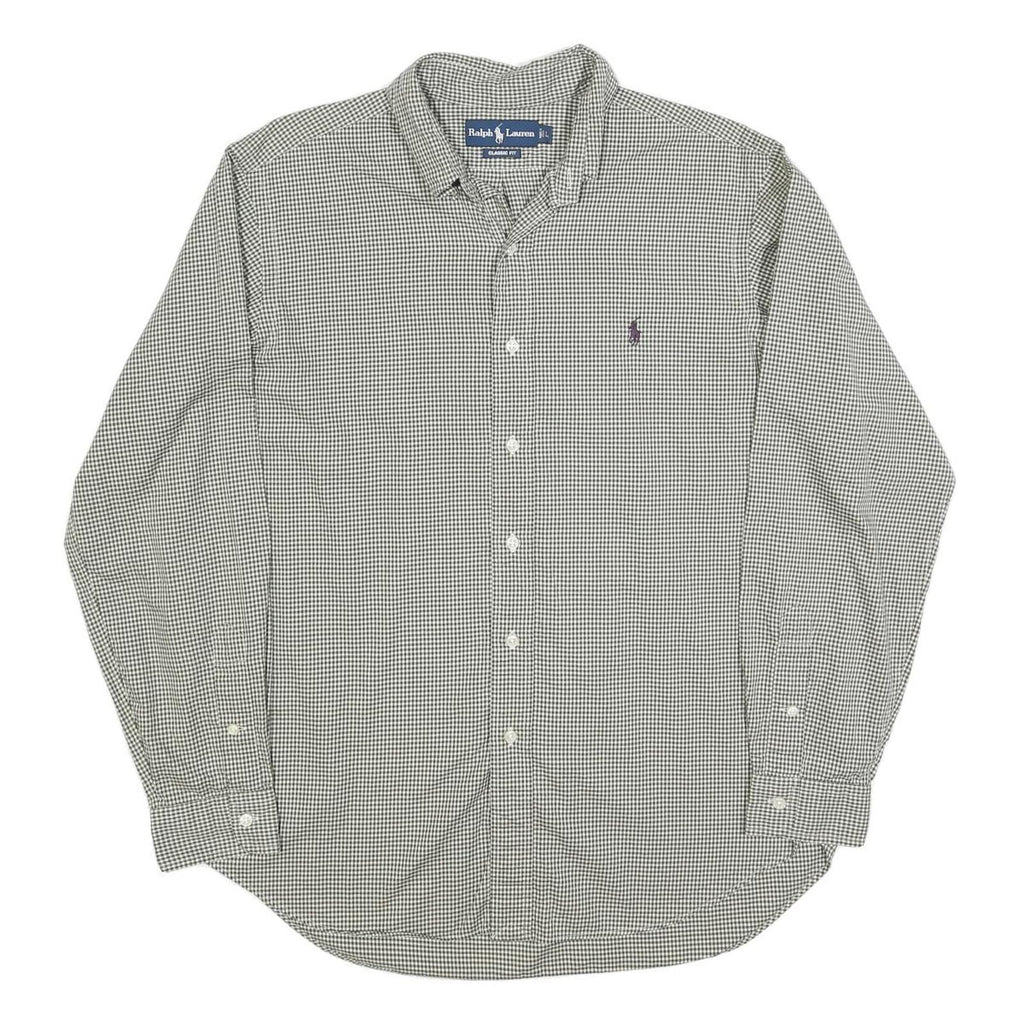 RALPH LAUREN Mens Green & White Checked Classic Fit Shirt L Cotton Blend Long