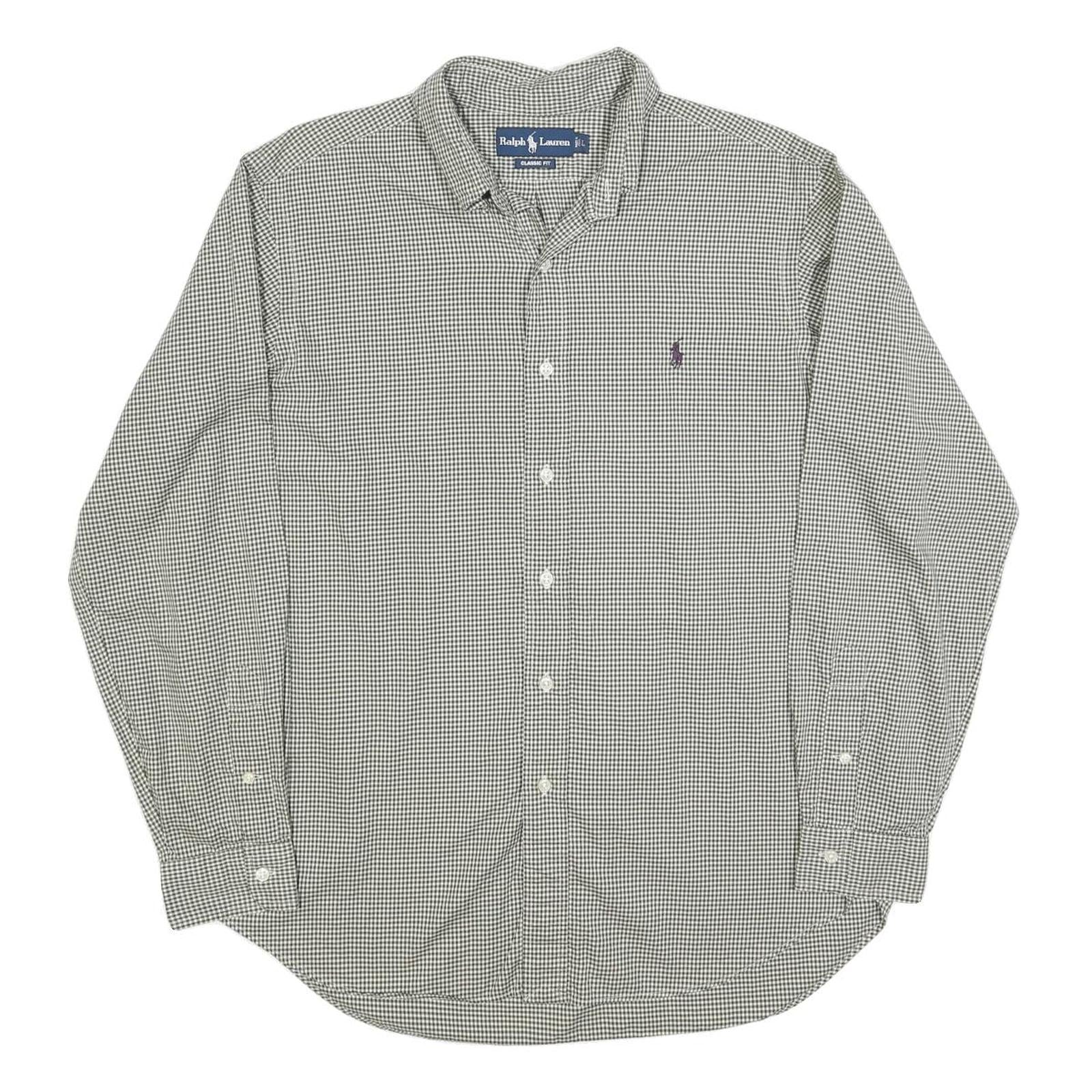 RALPH LAUREN Mens Green & White Checked Classic Fit Shirt L Cotton Blend Long