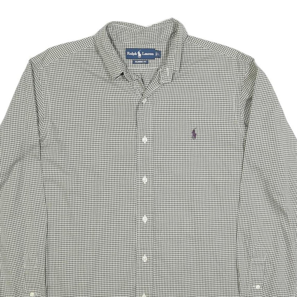 RALPH LAUREN Mens Green & White Checked Classic Fit Shirt L Cotton Blend Long