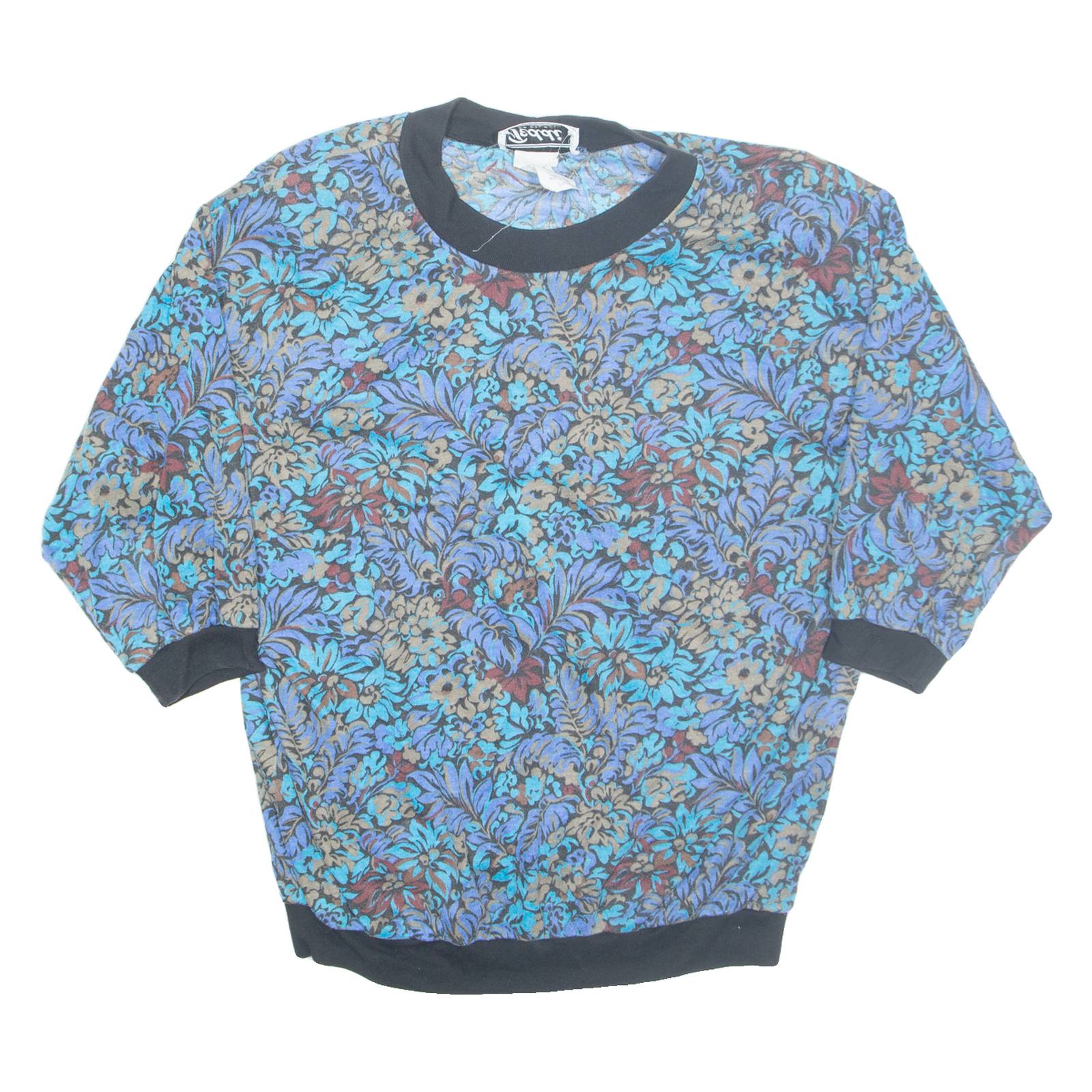 TEDDY Floral Short Sleeve Womens Sweatshirt Blue 90s L