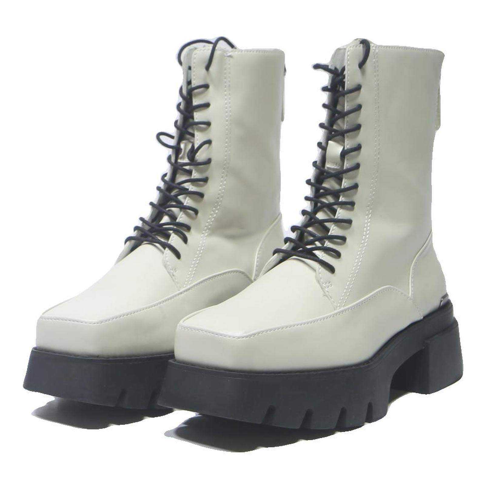 CHARLES & KEITH Womens Leather Lace-Up Ankle Boots Cream Black UK 4 Chunky Sole