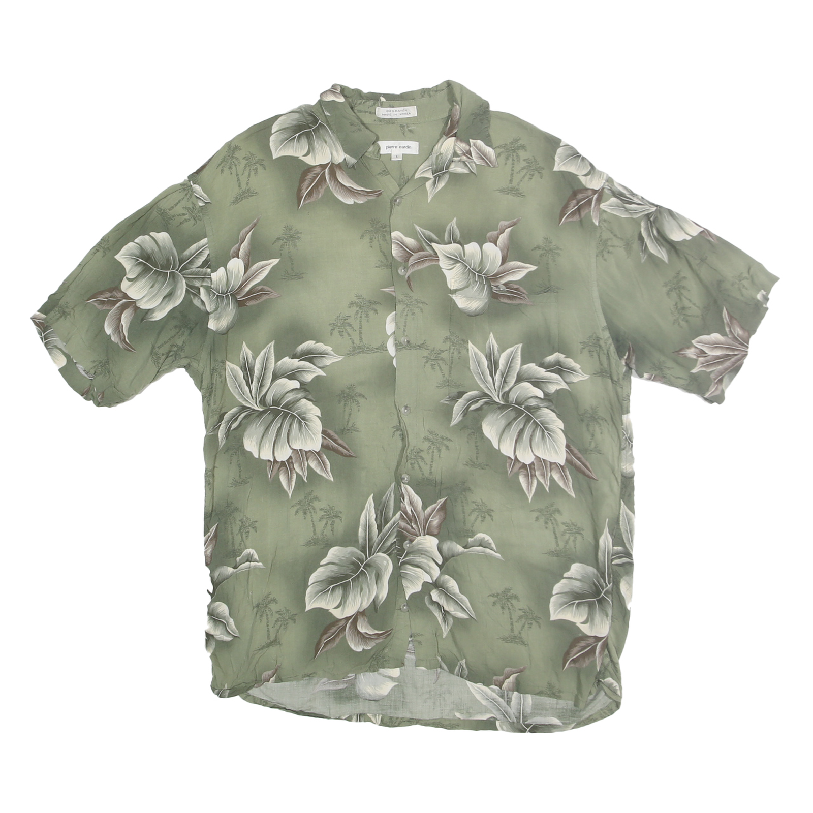 PIERRE CARDIN Mens Green Rayon Hawaiian Shirt L Summer Relaxed Fit Tropical
