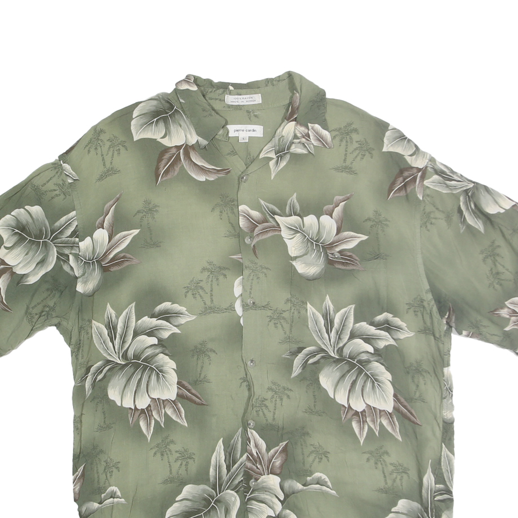 PIERRE CARDIN Mens Green Rayon Hawaiian Shirt L Summer Relaxed Fit Tropical