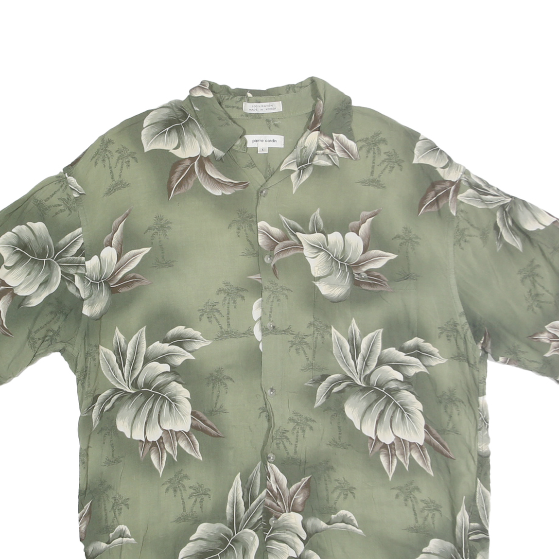 PIERRE CARDIN Mens Green Rayon Hawaiian Shirt L Summer Relaxed Fit Tropical