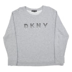 DKNY Womens Grey Sweatshirt Crew Neck L Logo Print Cotton Blend Pullover