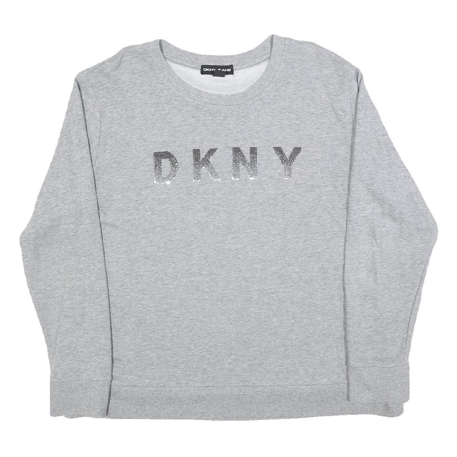 DKNY Womens Grey Sweatshirt Crew Neck L Logo Print Cotton Blend Pullover