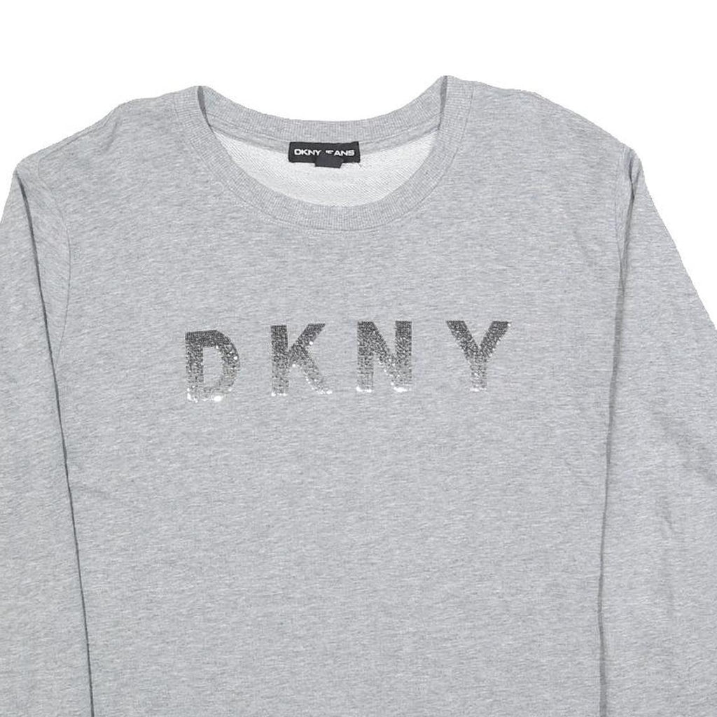 DKNY Womens Grey Sweatshirt Crew Neck L Logo Print Cotton Blend Pullover