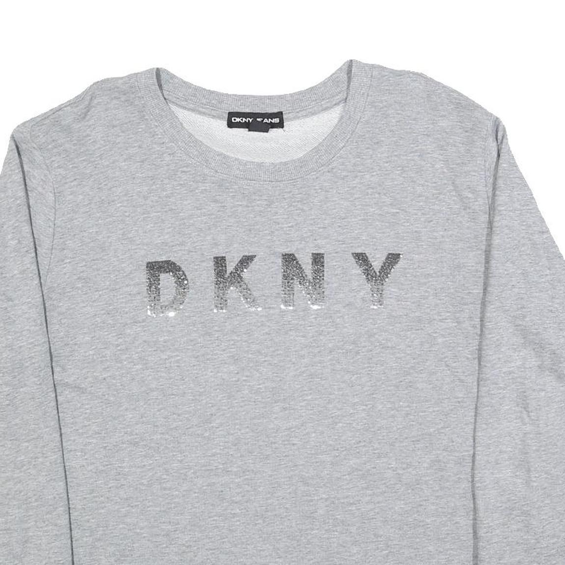 DKNY Womens Grey Sweatshirt Crew Neck L Logo Print Cotton Blend Pullover
