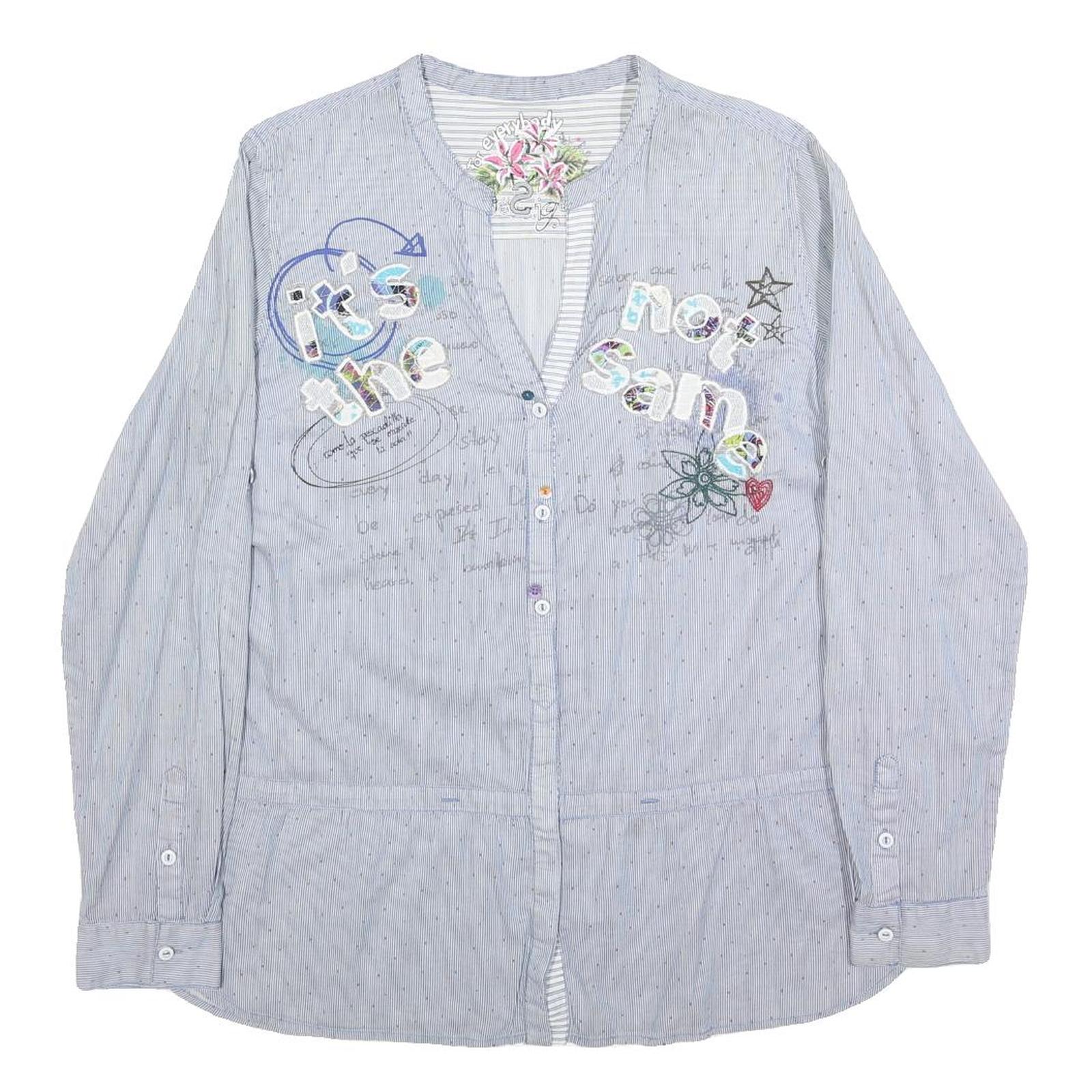 DESIGUAL Womens Blue Cotton Blend Shirt XL Embroidered Casual Button