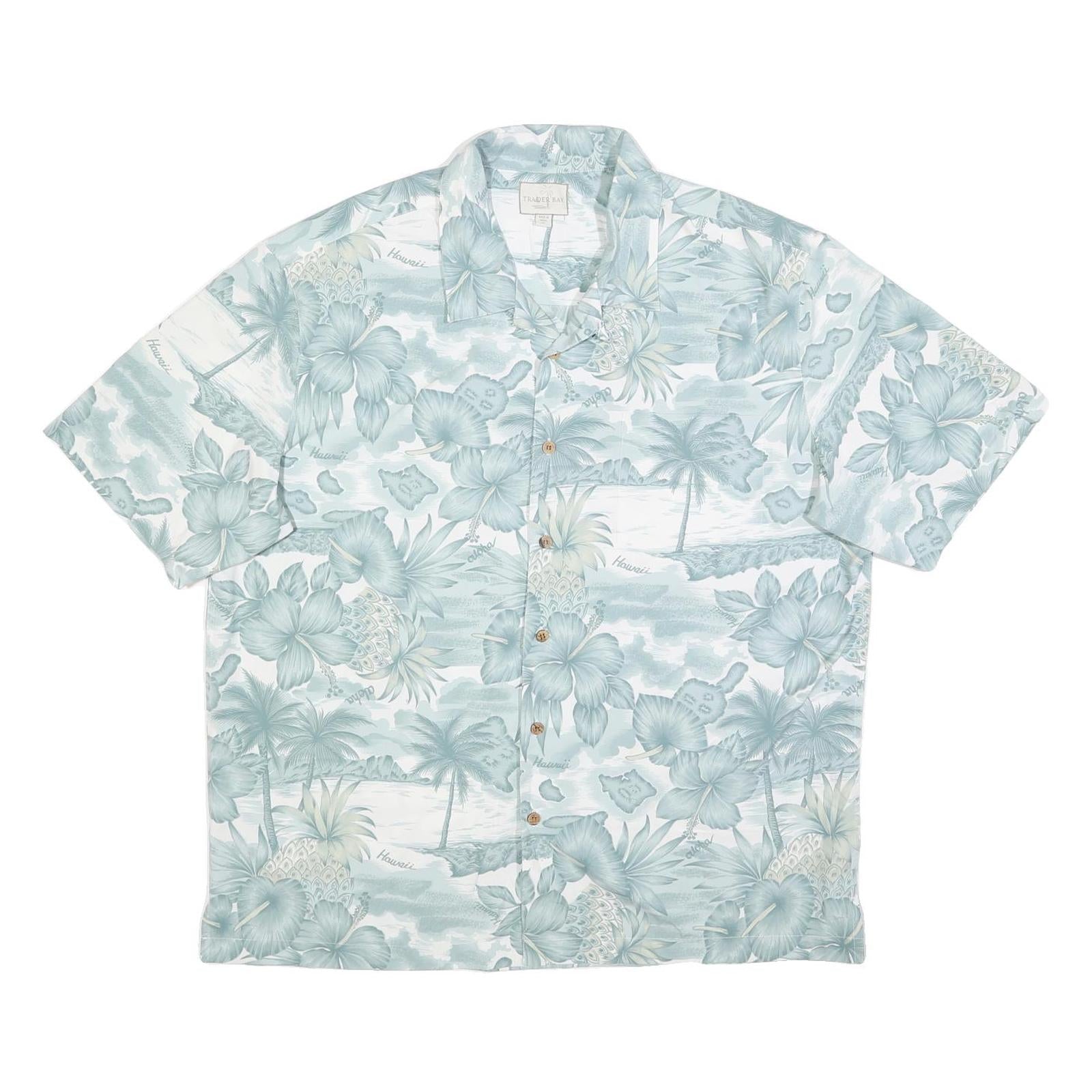 TRADER BAY Mens Green & Cream Hawaiian Shirt XL Tropical Floral Pattern Summer