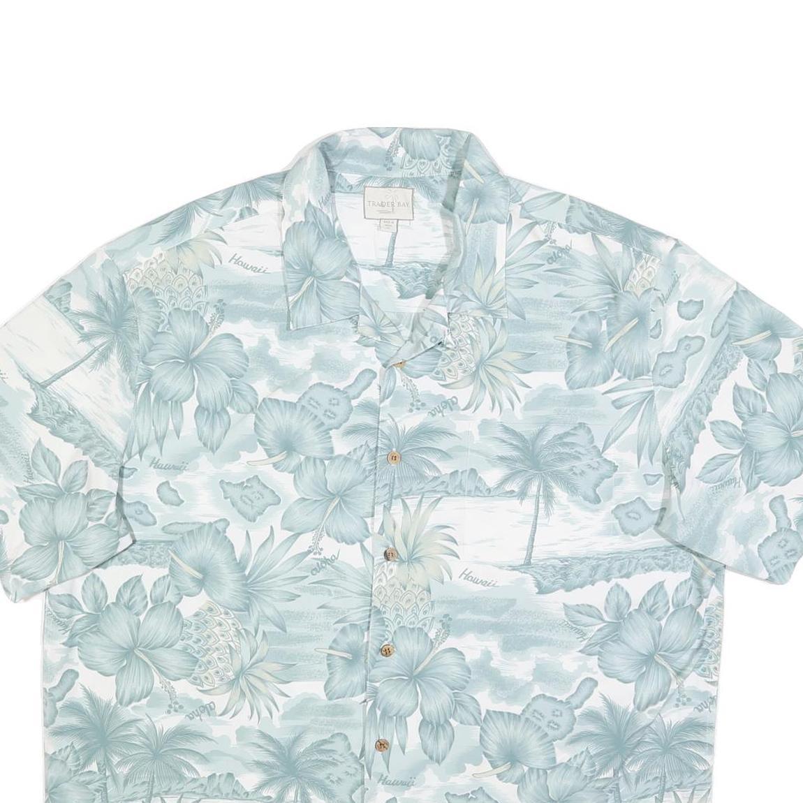 TRADER BAY Mens Green & Cream Hawaiian Shirt XL Tropical Floral Pattern Summer