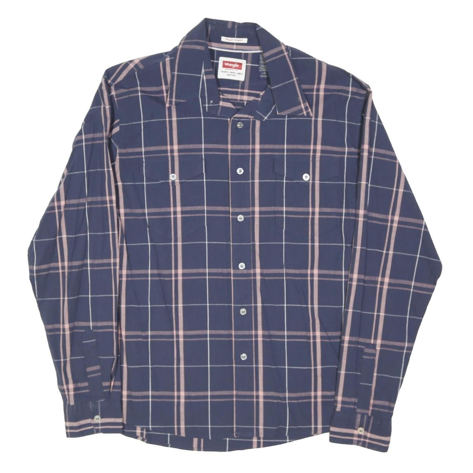 WRANGLER Mens Blue & Pink Check Shirt L Button Pocket Classic Casual Cotton