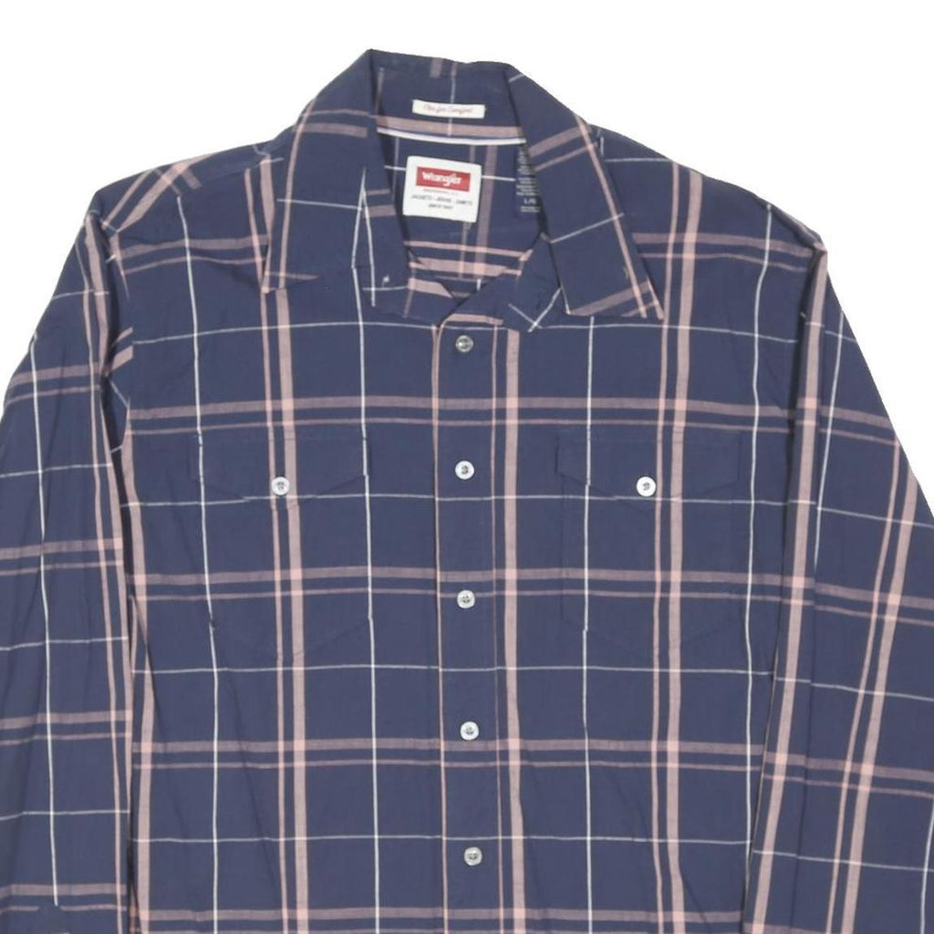 WRANGLER Mens Blue & Pink Check Shirt L Button Pocket Classic Casual Cotton