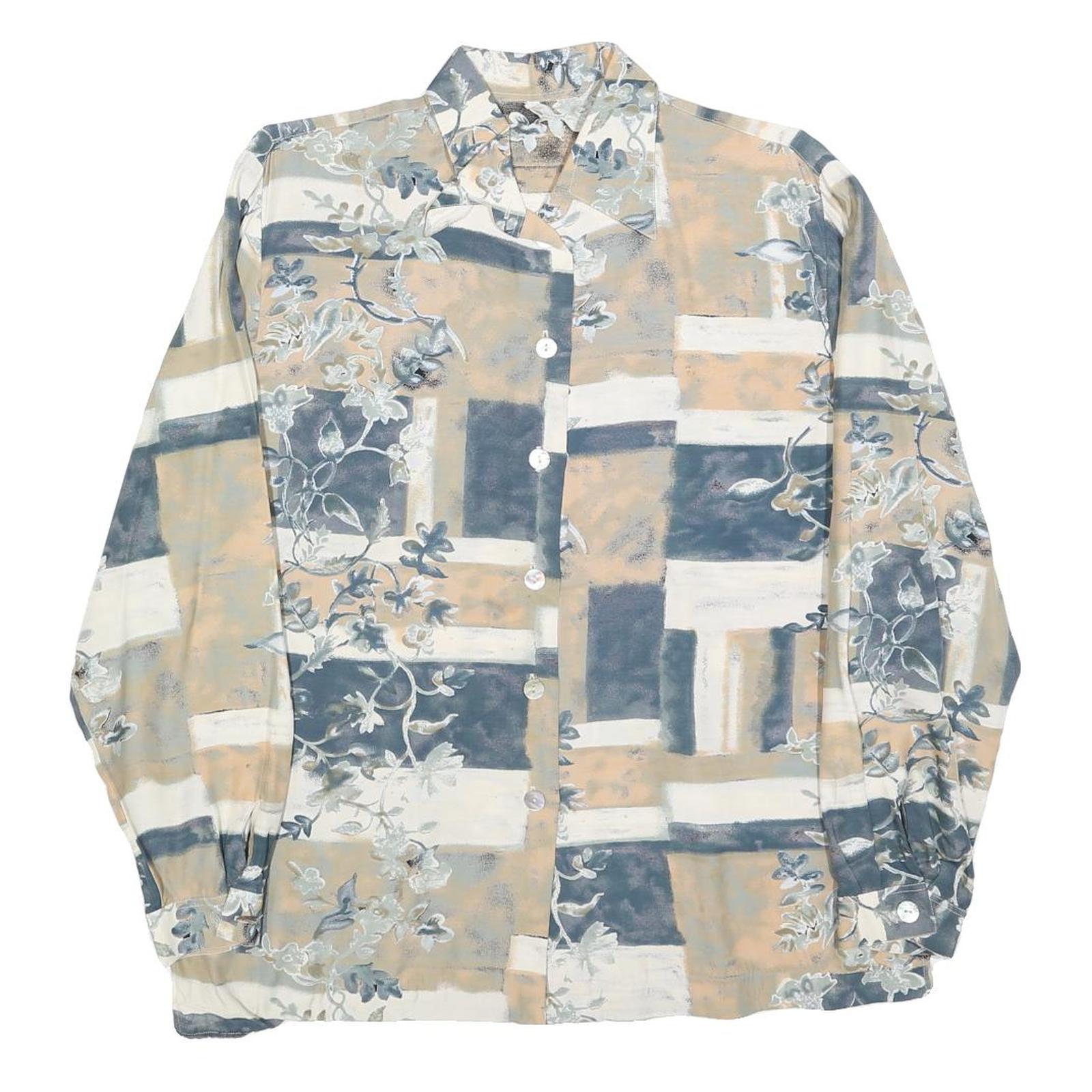 Womens Beige & Grey Abstract Floral Printed Shirt Long Sleeve Collared L Relaxed