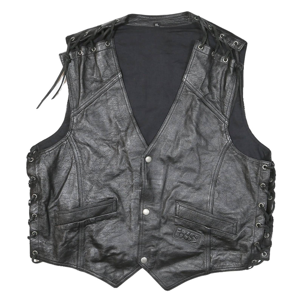 IXS Mens Black Leather Waistcoat XL Leather Plain Button Biker Detail Vest