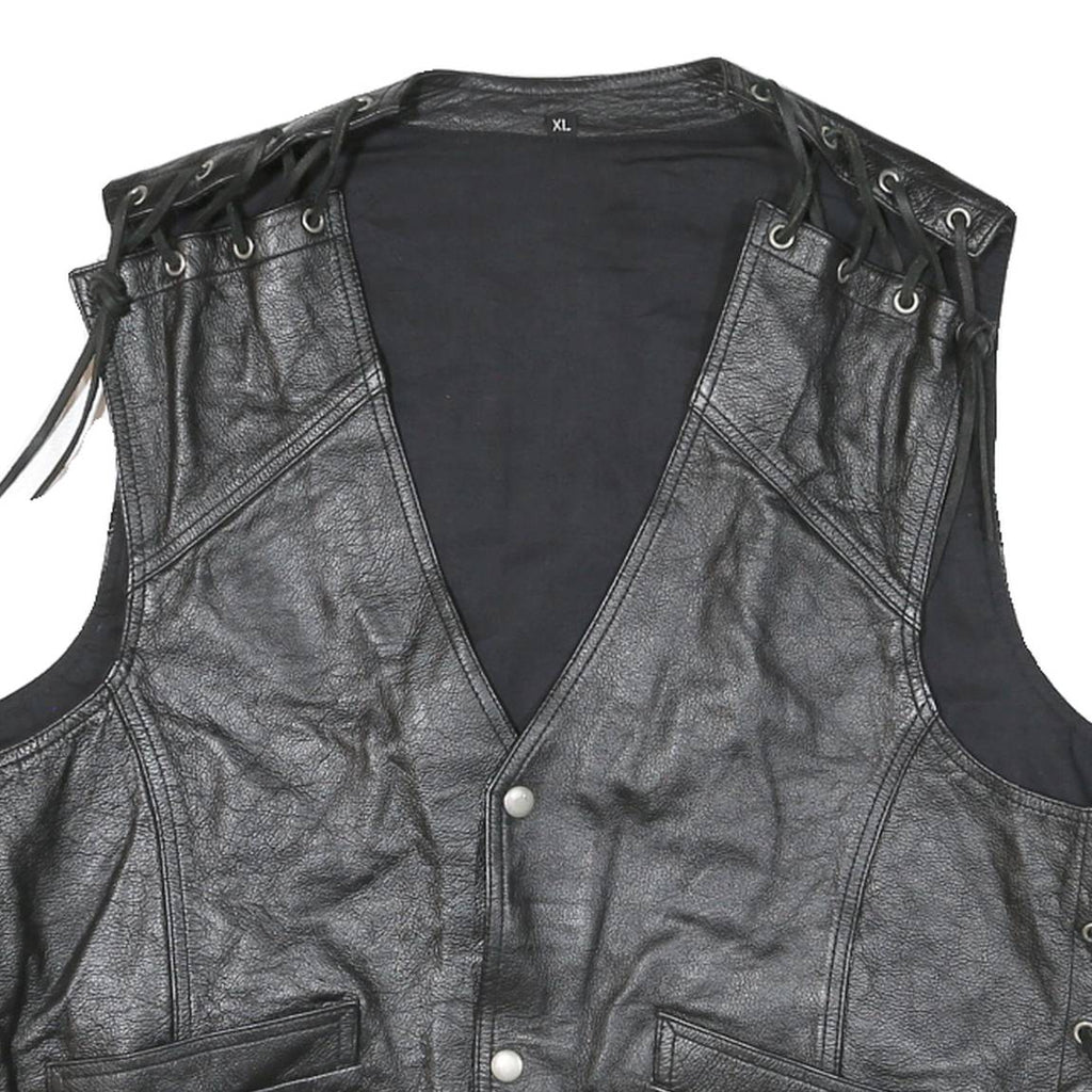 IXS Mens Black Leather Waistcoat XL Leather Plain Button Biker Detail Vest