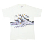 ONEITA Mens White Sea World Puffin Graphic T-Shirt L Short Sleeve Crew Neck