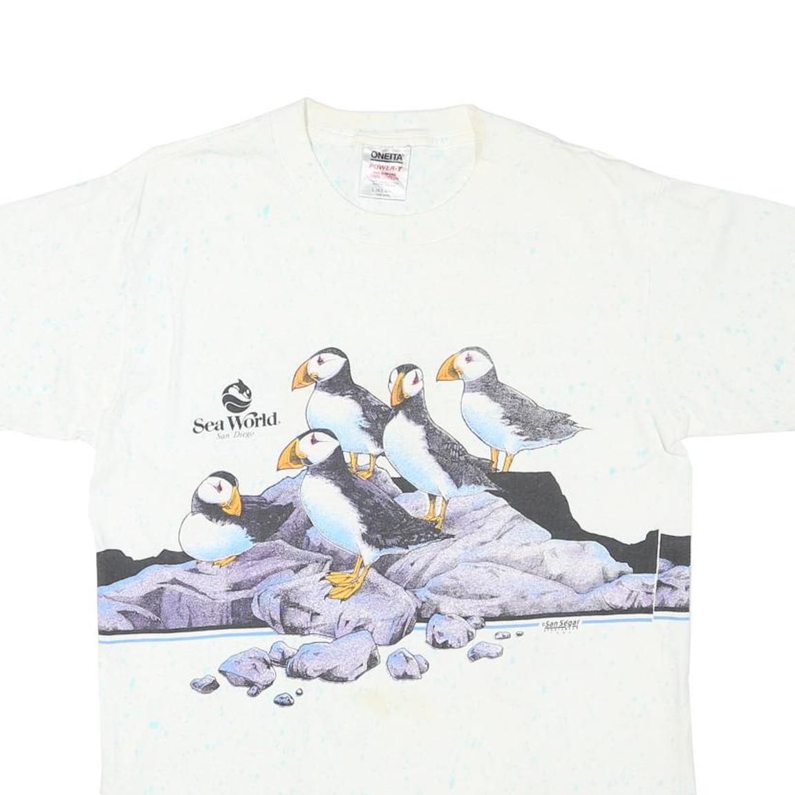 ONEITA Mens White Sea World Puffin Graphic T-Shirt L Short Sleeve Crew Neck
