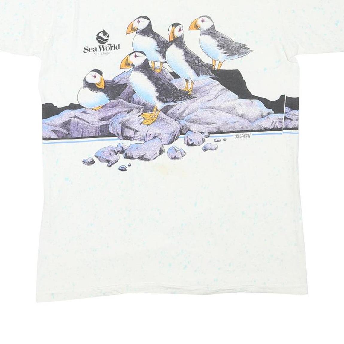ONEITA Mens White Sea World Puffin Graphic T-Shirt L Short Sleeve Crew Neck