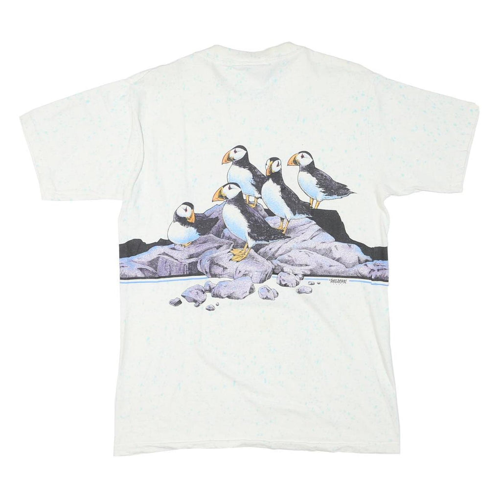 ONEITA Mens White Sea World Puffin Graphic T-Shirt L Short Sleeve Crew Neck