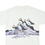 ONEITA Mens White Sea World Puffin Graphic T-Shirt L Short Sleeve Crew Neck