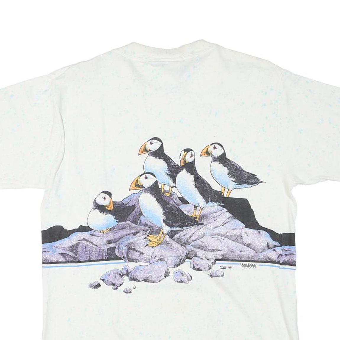 ONEITA Mens White Sea World Puffin Graphic T-Shirt L Short Sleeve Crew Neck