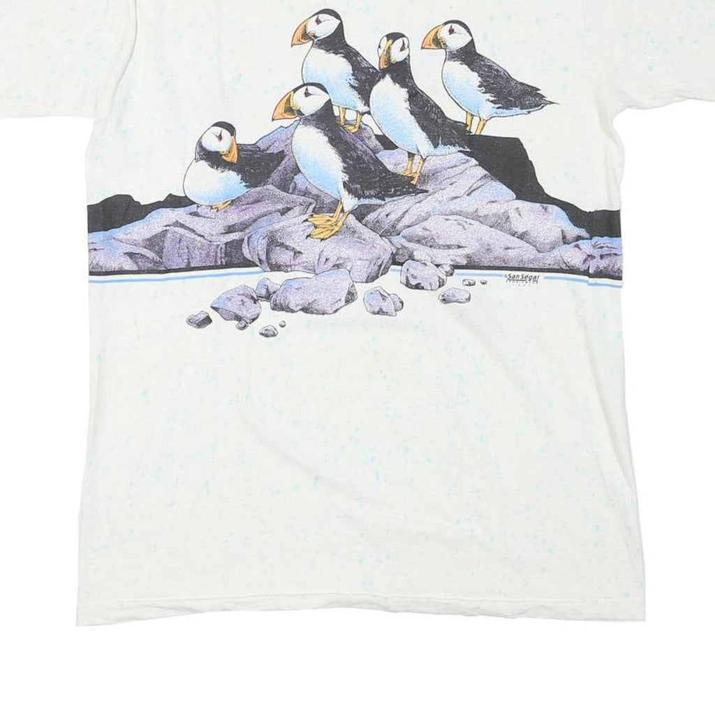 ONEITA Mens White Sea World Puffin Graphic T-Shirt L Short Sleeve Crew Neck