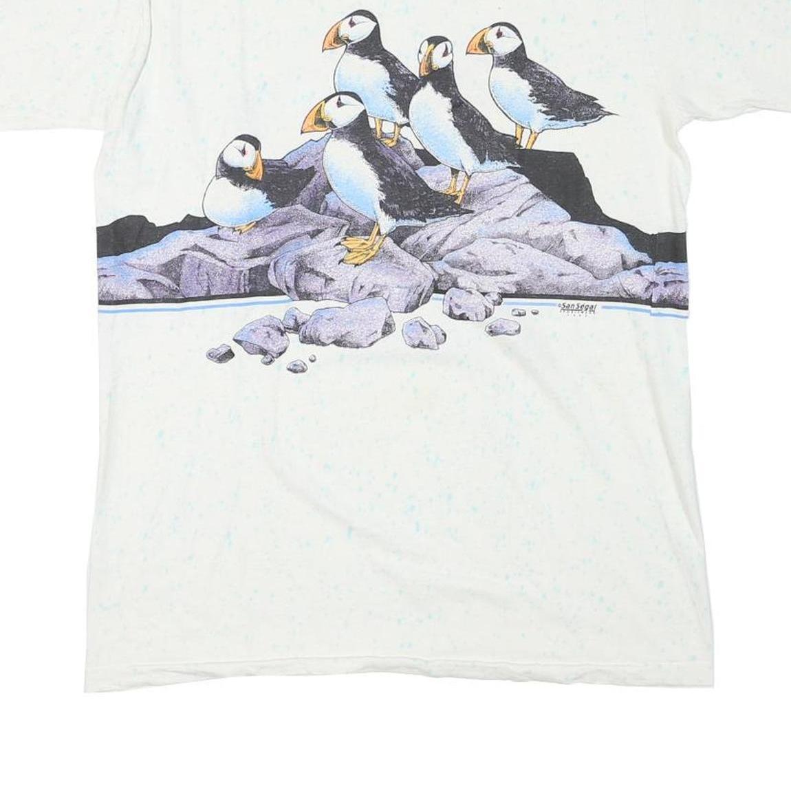 ONEITA Mens White Sea World Puffin Graphic T-Shirt L Short Sleeve Crew Neck