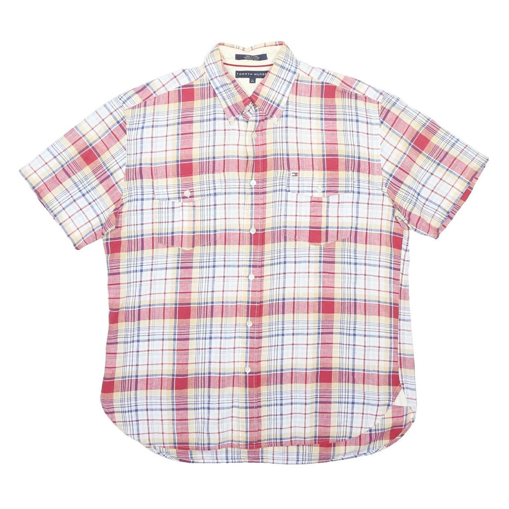 TOMMY HILFIGER Mens Red & Cream Check Shirt L Casual Cotton Blend Summer